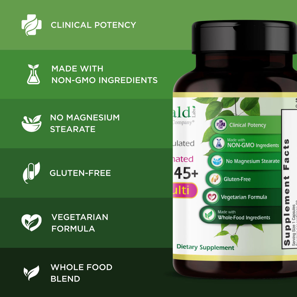 Emerald Labs Women's 45+ Multi packaging box emphasizing non-GMO and allergen-free design.