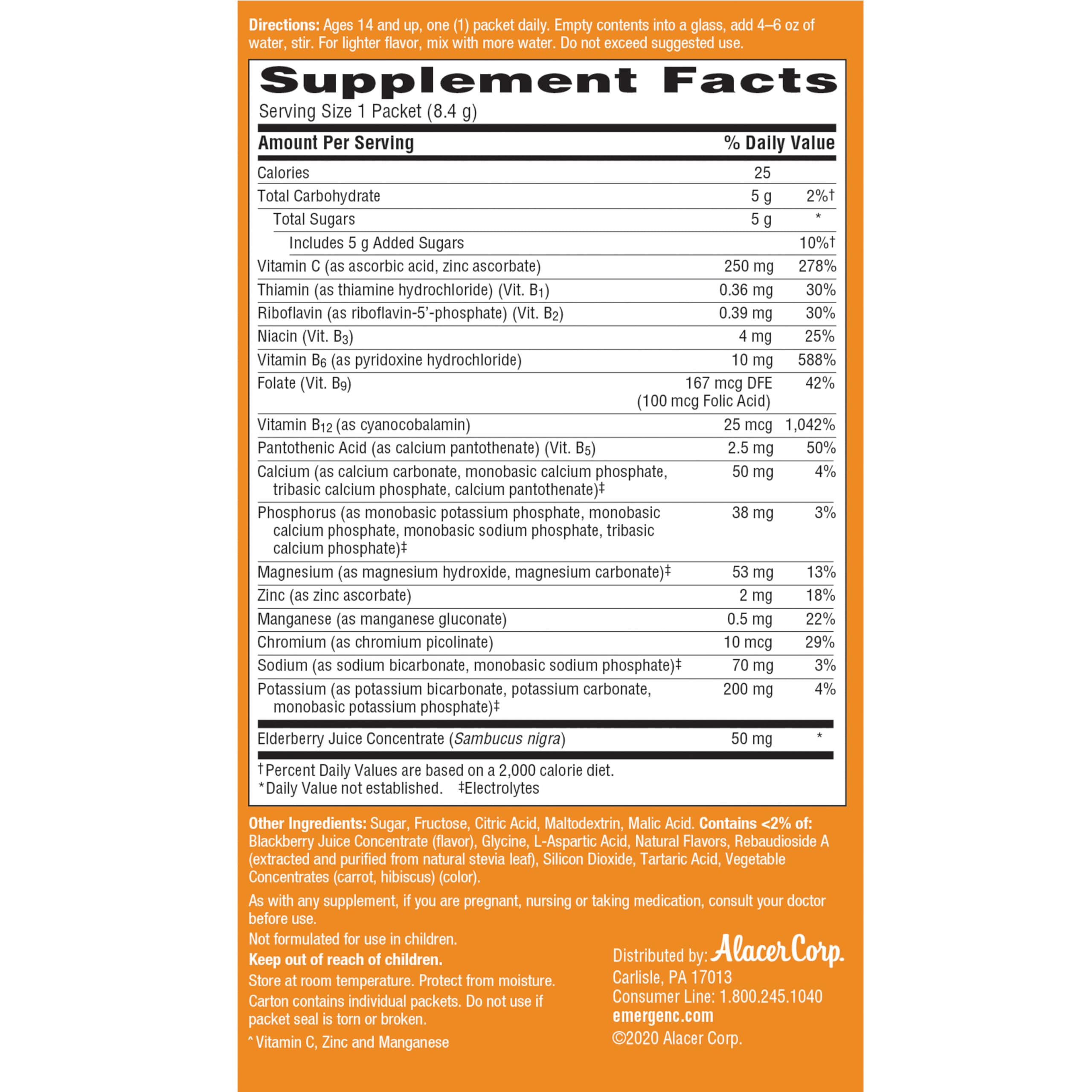 Back view of Emergen-C Elderberry Fizzy Drink Mix box showing usage and nutrition