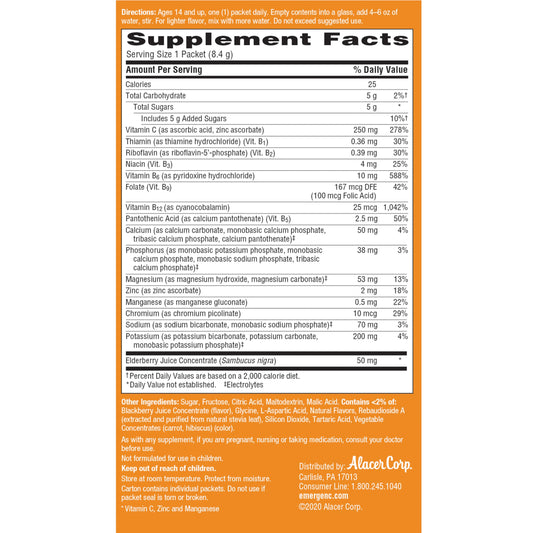 Back view of Emergen-C Elderberry Fizzy Drink Mix box showing usage and nutrition