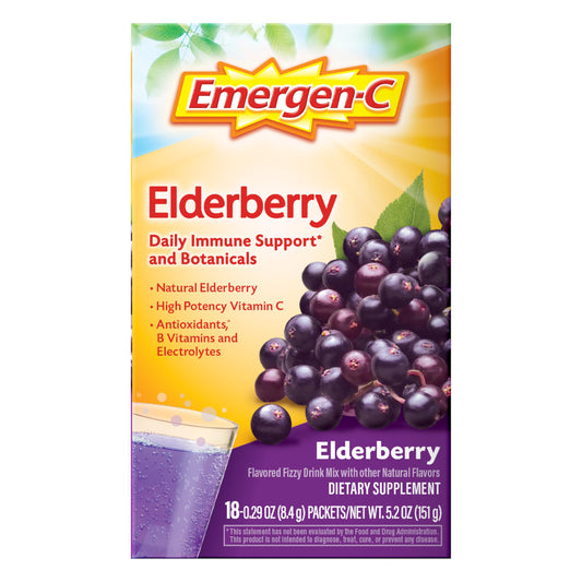 Front view of Emergen-C Elderberry Fizzy Drink Mix 18-count box
