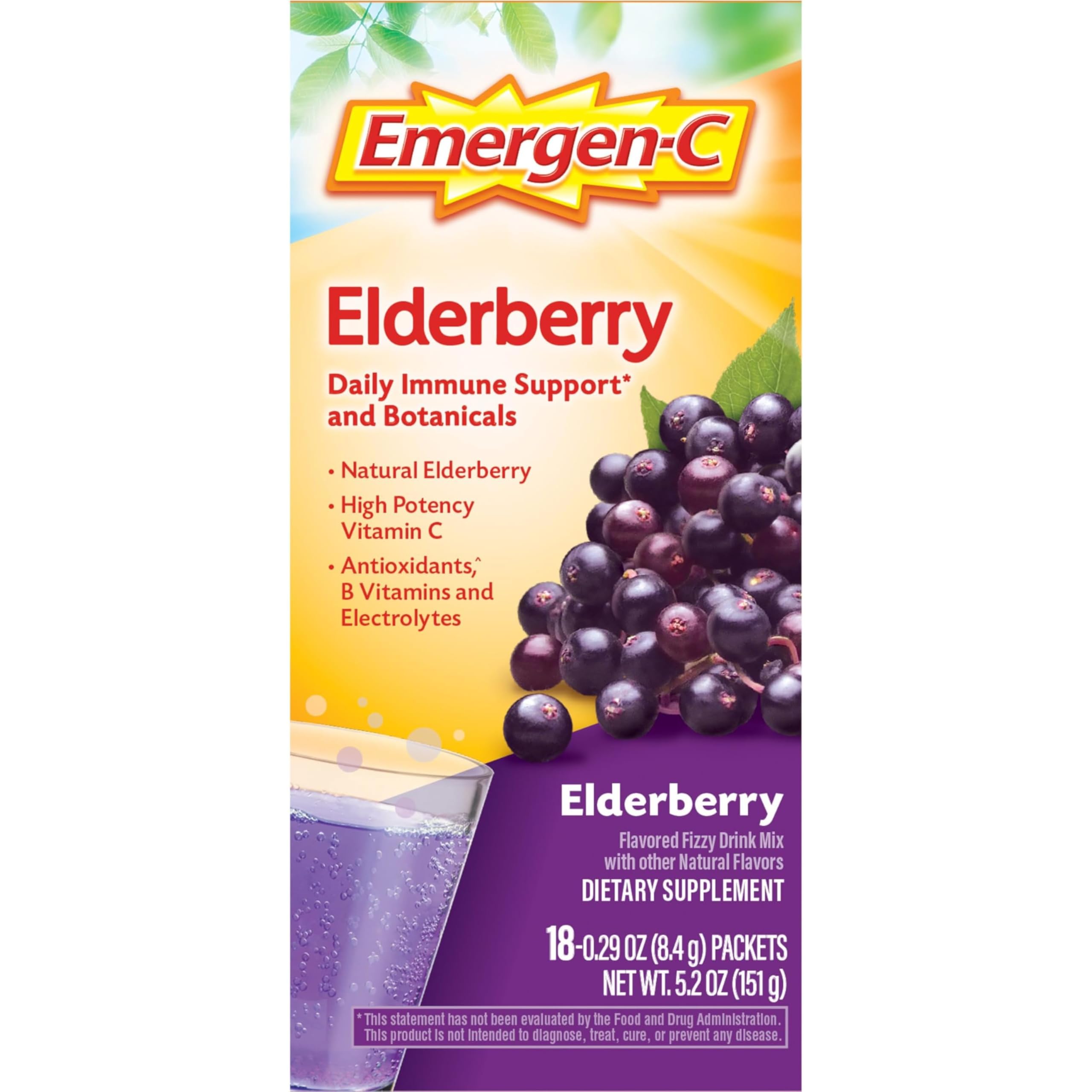 Individual sachet of Emergen-C Elderberry Fizzy Drink Mix