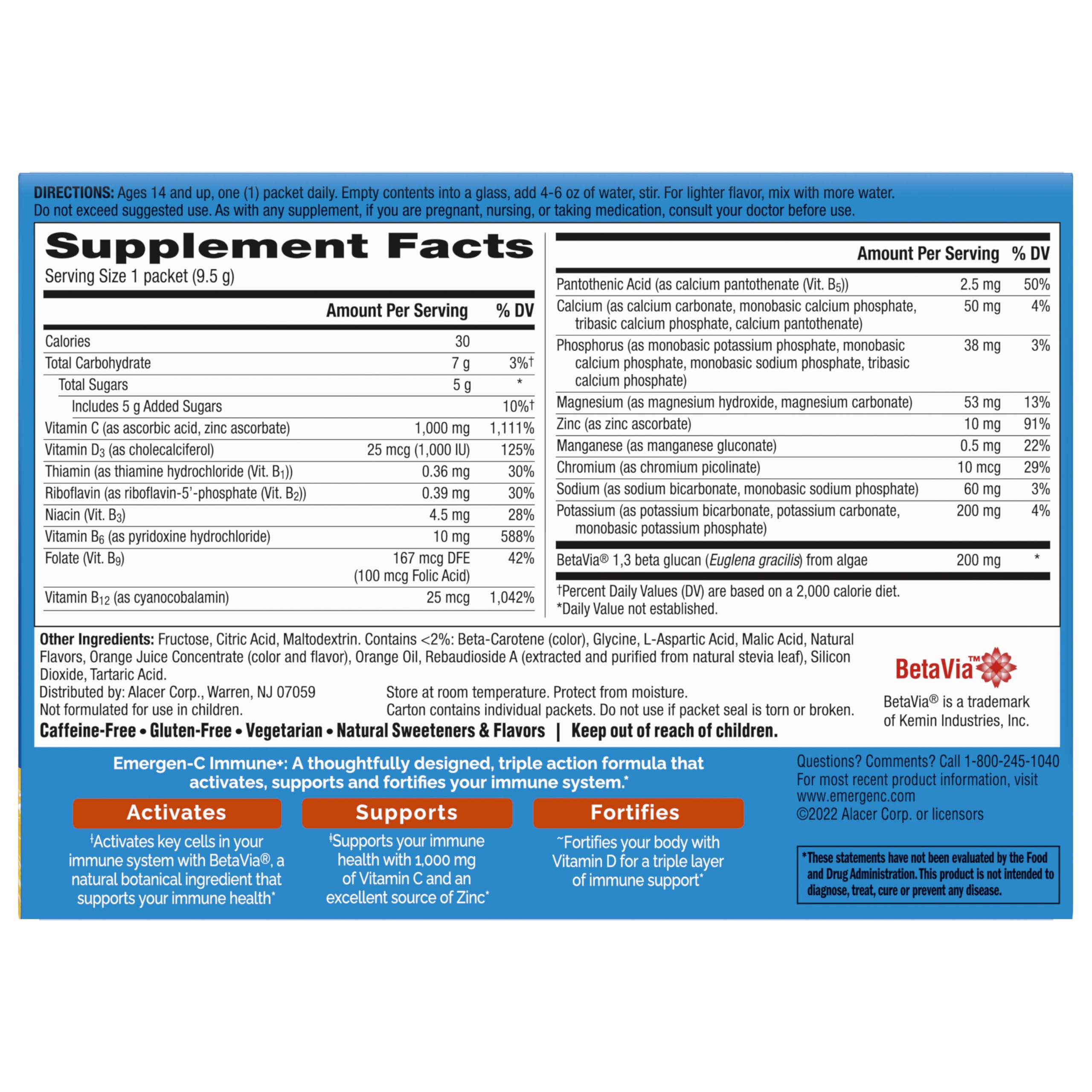 Product back view of Emergen-C Immune+ Triple Action 30-count box