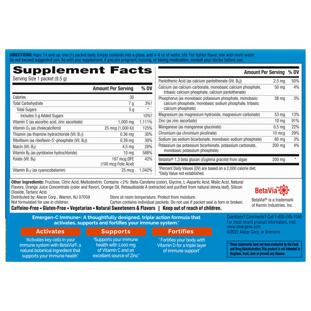 Product back view of Emergen-C Immune+ Triple Action 30-count box