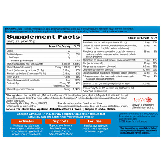 Product back view of Emergen-C Immune+ Triple Action 30-count box