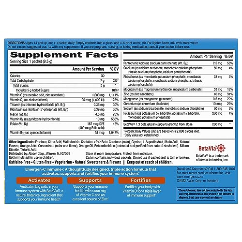 Nutrition facts panel for Emergen-C Immune+ Triple Action