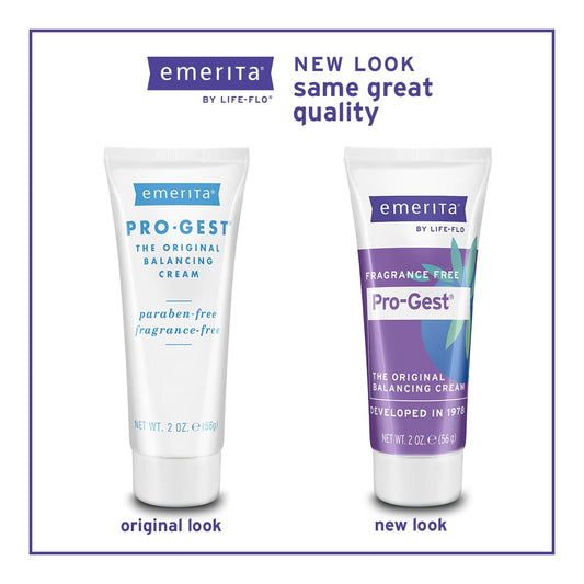 Emerita Pro-Gest Balancing Cream label highlights USP progesterone and natural ingredients
