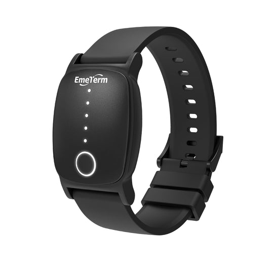 EmeTerm Explore wristband closeup showing comfortable strap for drug-free nausea relief.