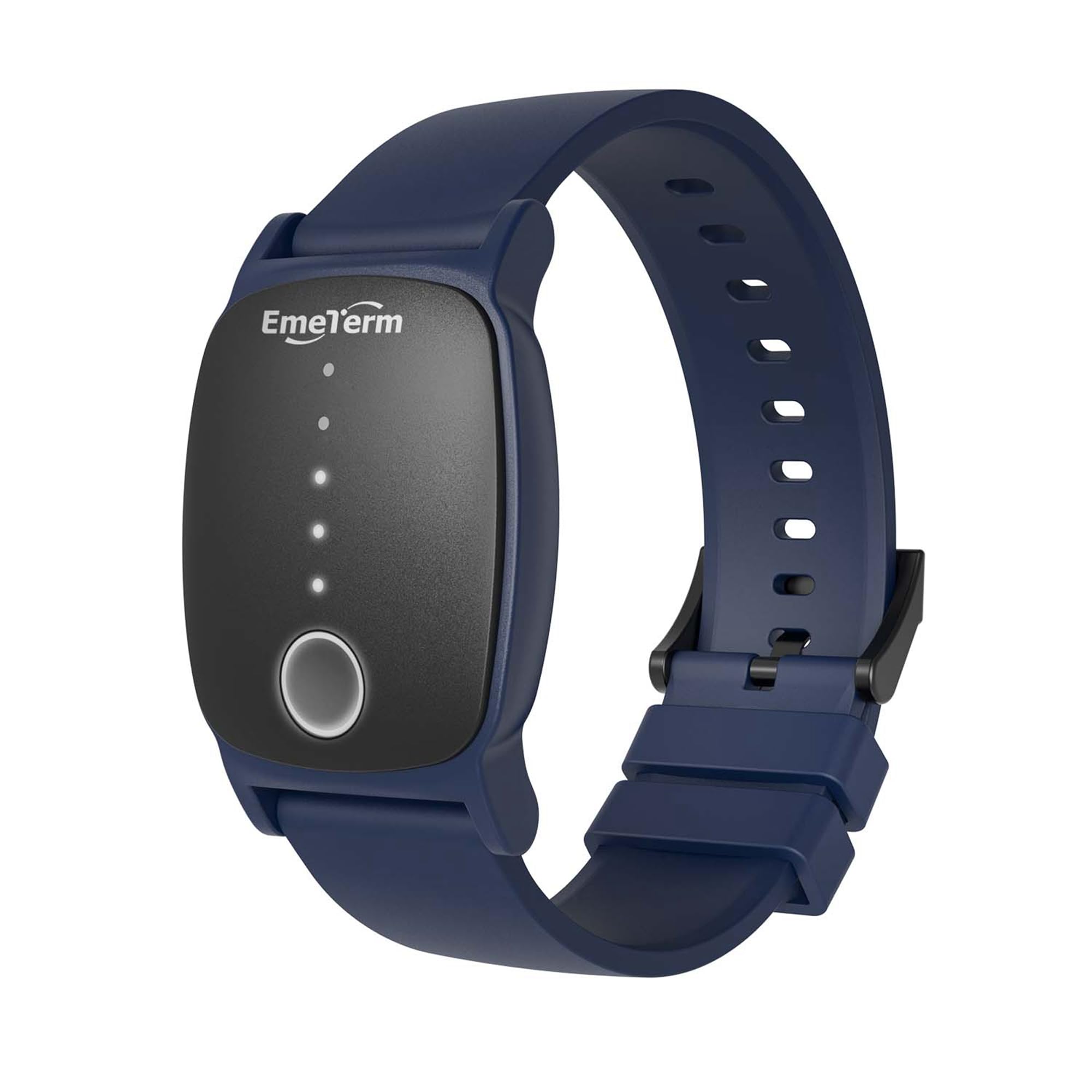 EmeTerm Explore wristband navy blue top view, compact travel-friendly design for nausea relief