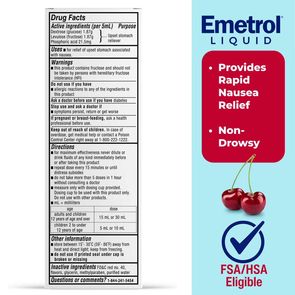Emetrol cherry-flavor liquid bottle pouring shows fast, non-drowsy relief potential.