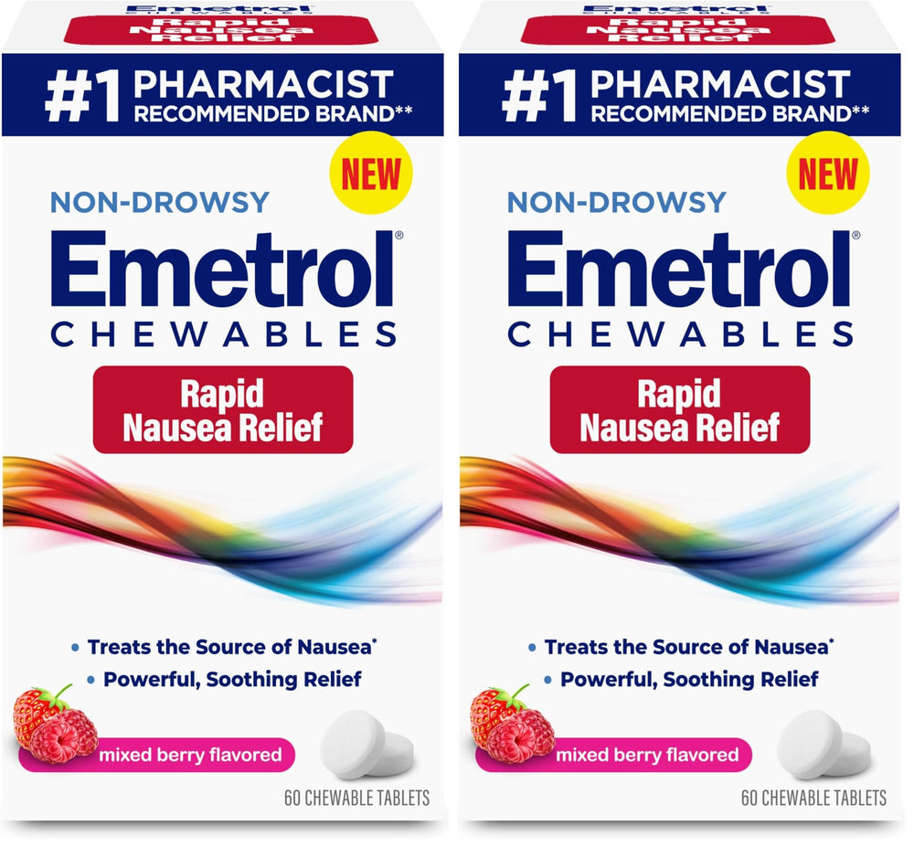 Emetrol mixed berry chewables box front illustrating quick non-drowsy nausea relief.