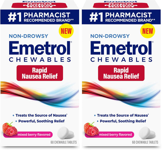 Emetrol mixed berry chewables box front illustrating quick non-drowsy nausea relief.