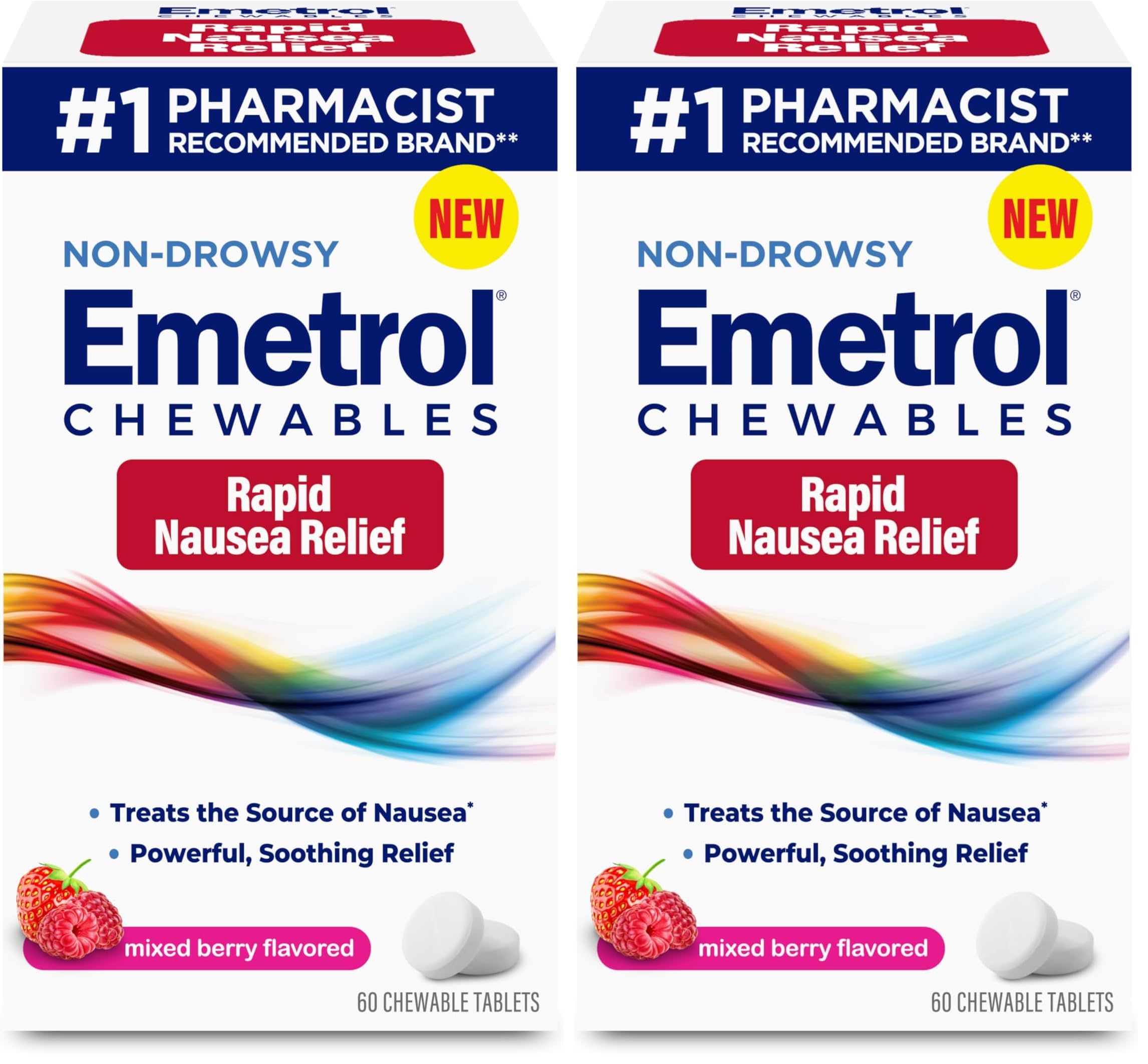 Emetrol mixed berry chewables box front illustrating quick non-drowsy nausea relief.