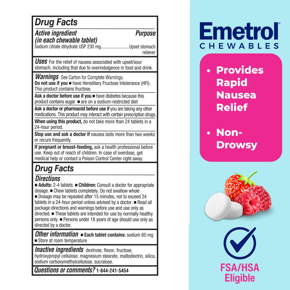 Emetrol chewables tablets demonstrating convenient, water-free relief