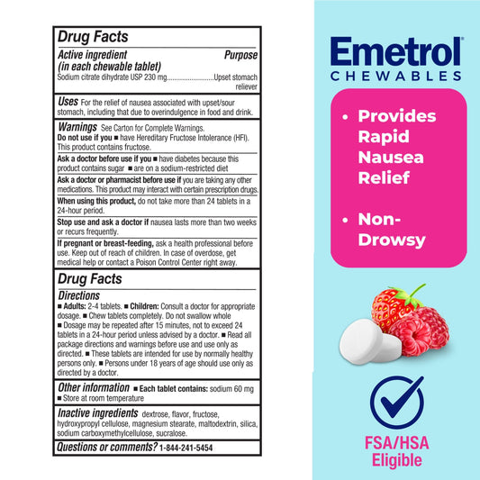 Emetrol chewables tablets demonstrating convenient, water-free relief