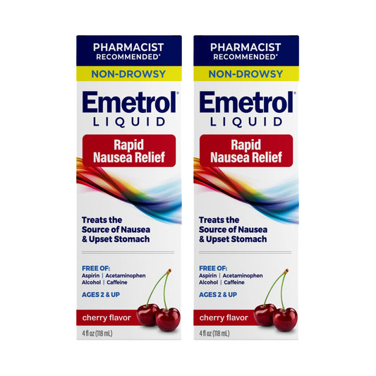 Emetrol non-drowsy liquid bottle offers quick nausea relief on the go.