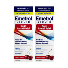 Emetrol non-drowsy liquid bottle offers quick nausea relief on the go.