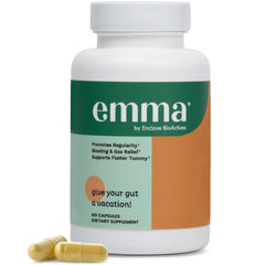 Emma Gut Health bottle label highlights magnesium, berberine and quercetin for gut support.