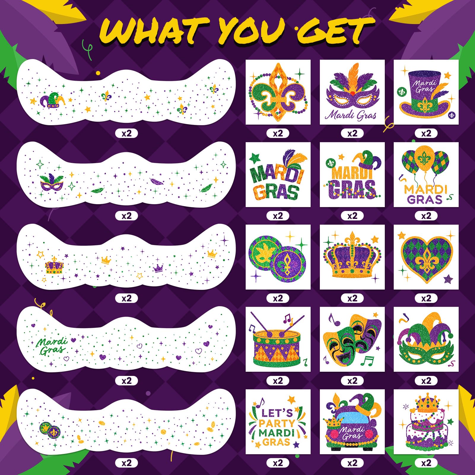 EMOME Mardi Gras tattoos with beads mask designs for party looks