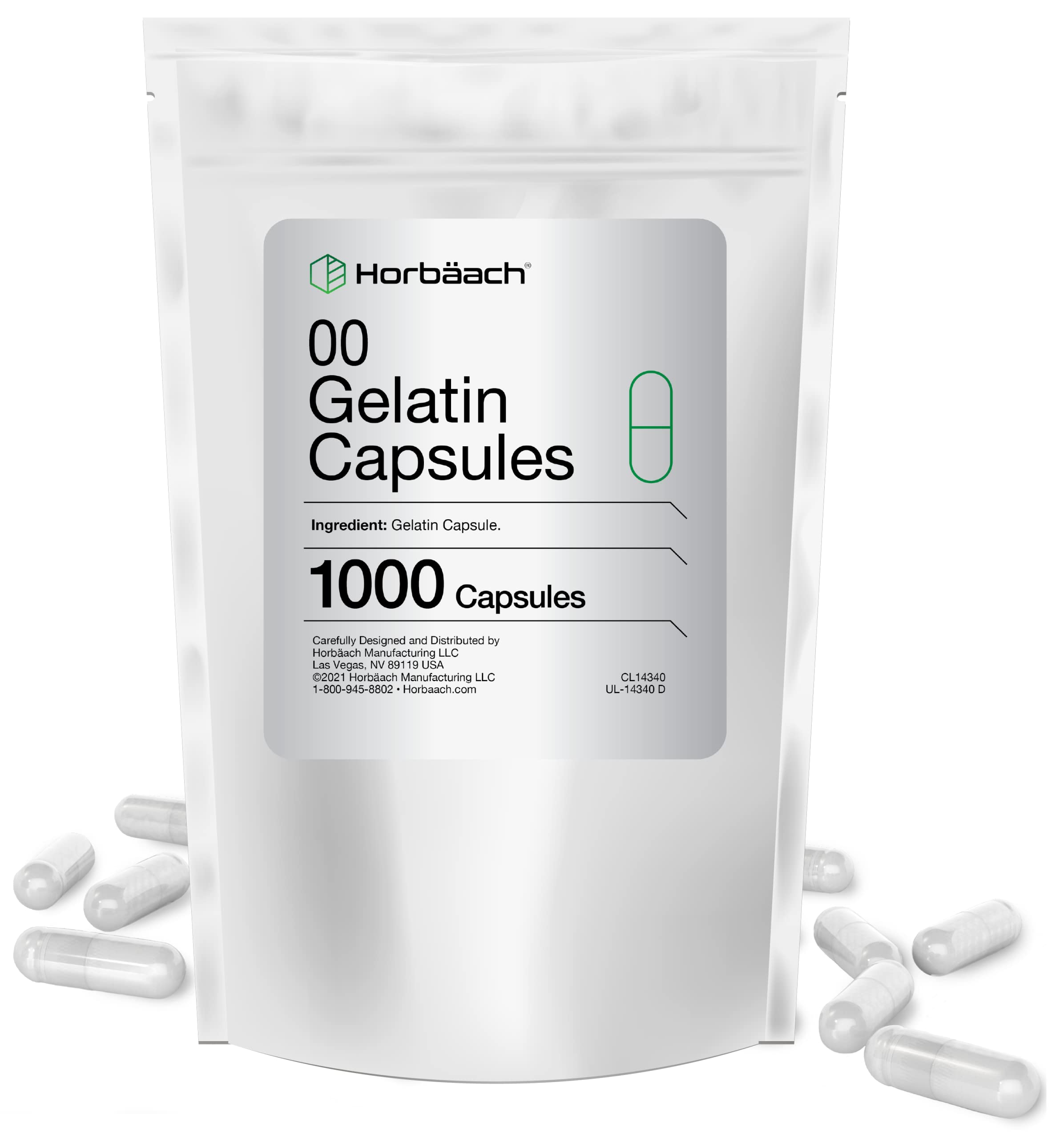 Size 00 empty capsules in a clear gelatin bag, 1000 count