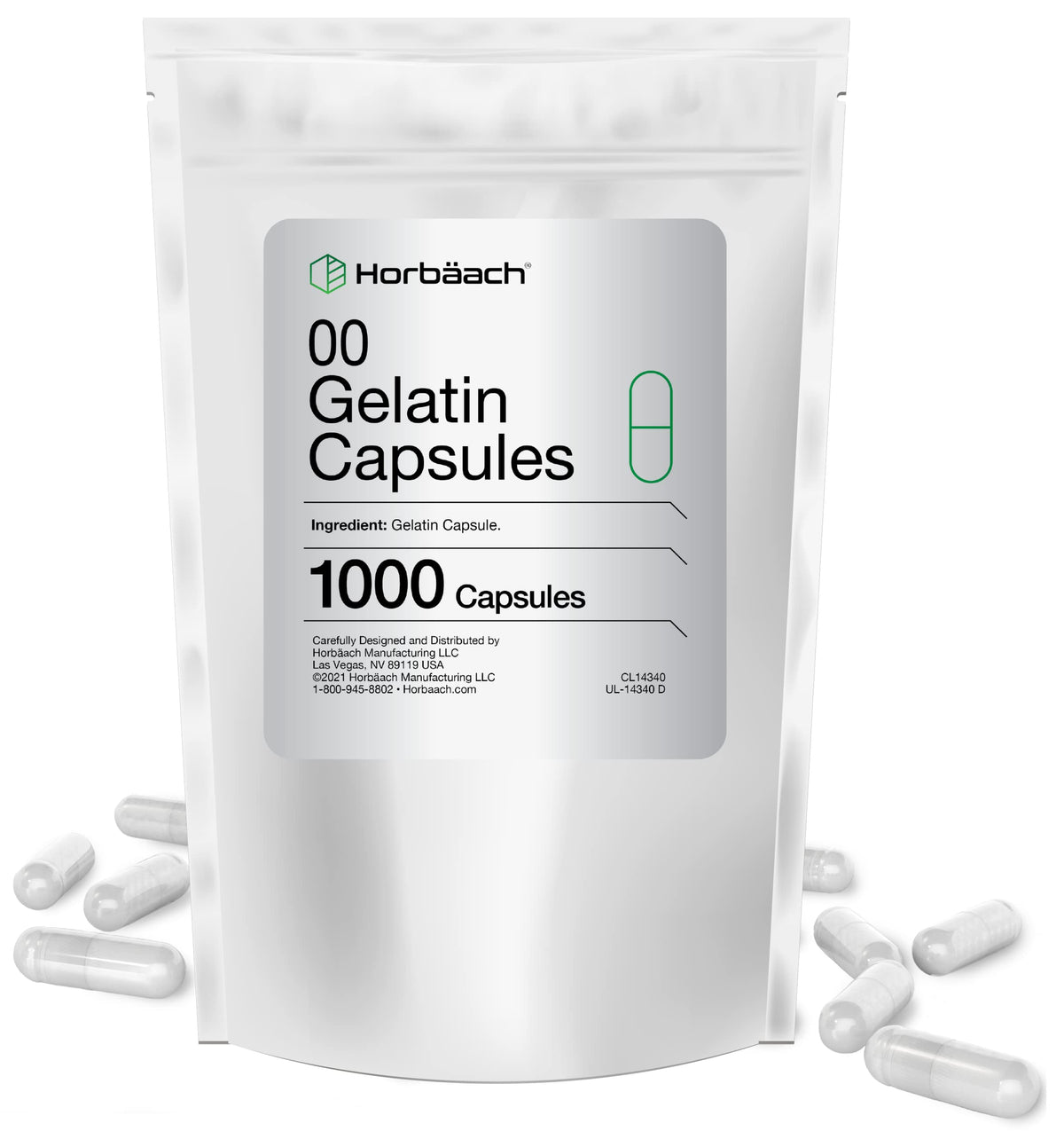 Size 00 empty capsules in a clear gelatin bag, 1000 count