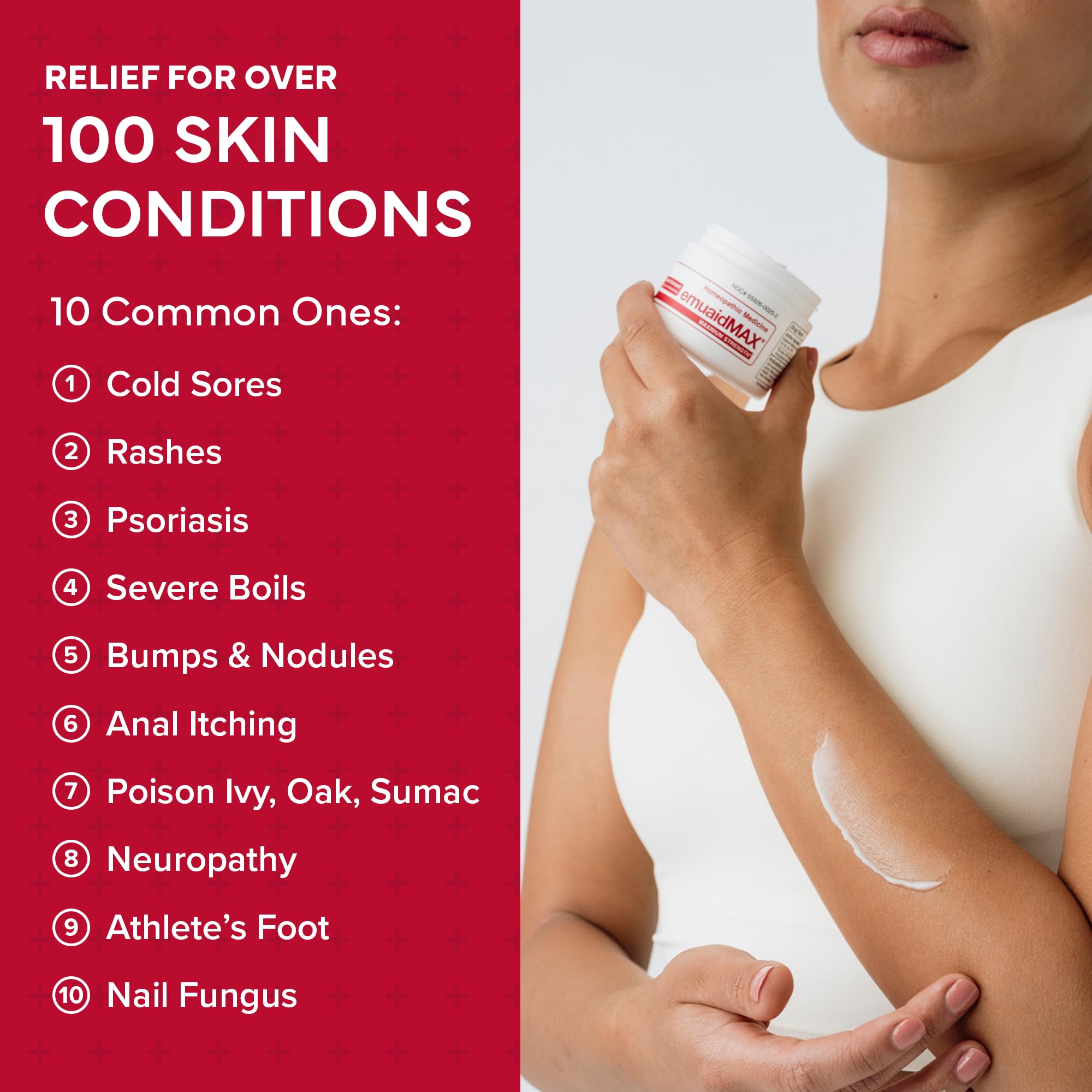 EMUAIDMAX Ointment applied to affected area illustrates soothing relief for irritated skin