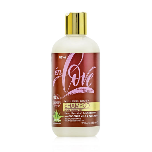 én Love Moisture Crush Shampoo bottle pouring coconut milk for deep hydration.