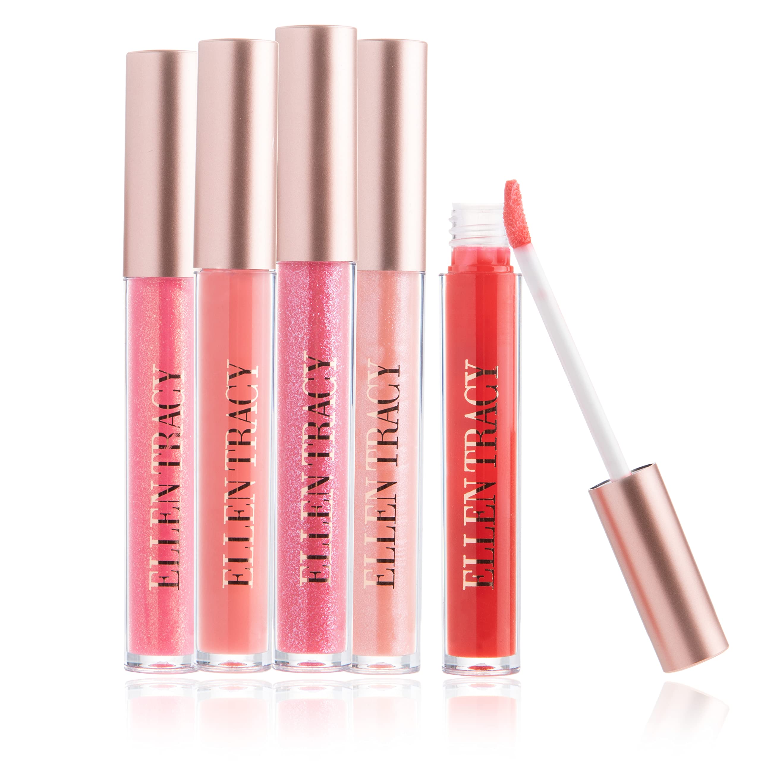 Enchante Ellen Tracy lip gloss collection front view showing five versatile shades