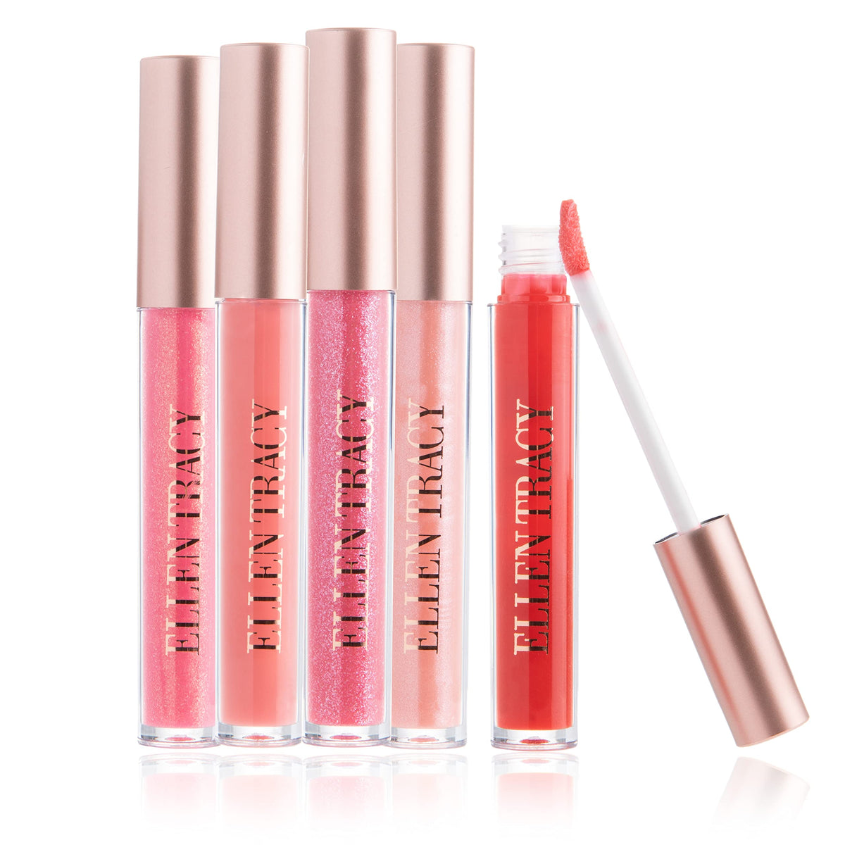 Enchante Ellen Tracy lip gloss collection front view showing five versatile shades