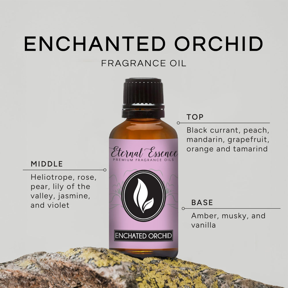 Amber glass bottle of Enchanted Orchid fragrance oil with dropper insert