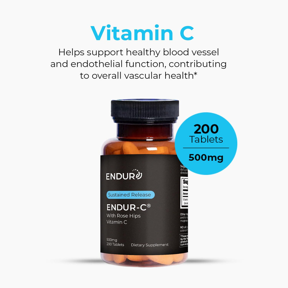 Close-up of Endur-C Vitamin C bottle with Rose Hips label
