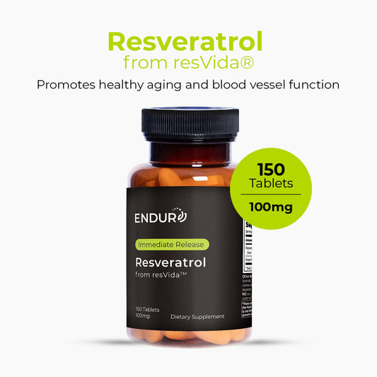 Close-up of Endur Resveratrol label showing 100mg trans-resveratrol