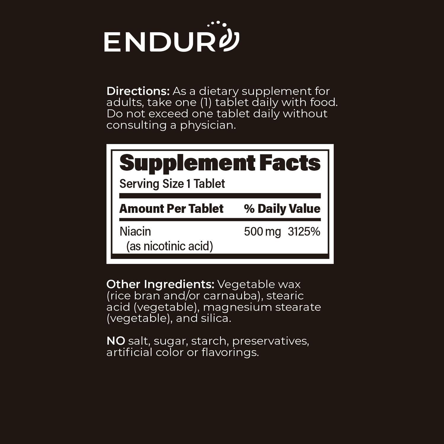 Nutrition facts panel for ENDUR-ACIN Niacin 500mg