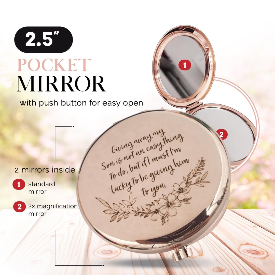Enduring Gifts rose gold compact mirror shows 2x magnification for easy makeup checks.
