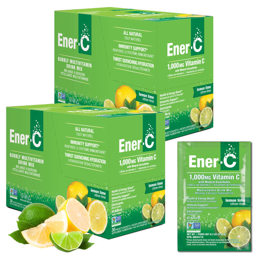 Packaging for Ener-C Lemon Lime 60 Count multivitamin drink mix packets