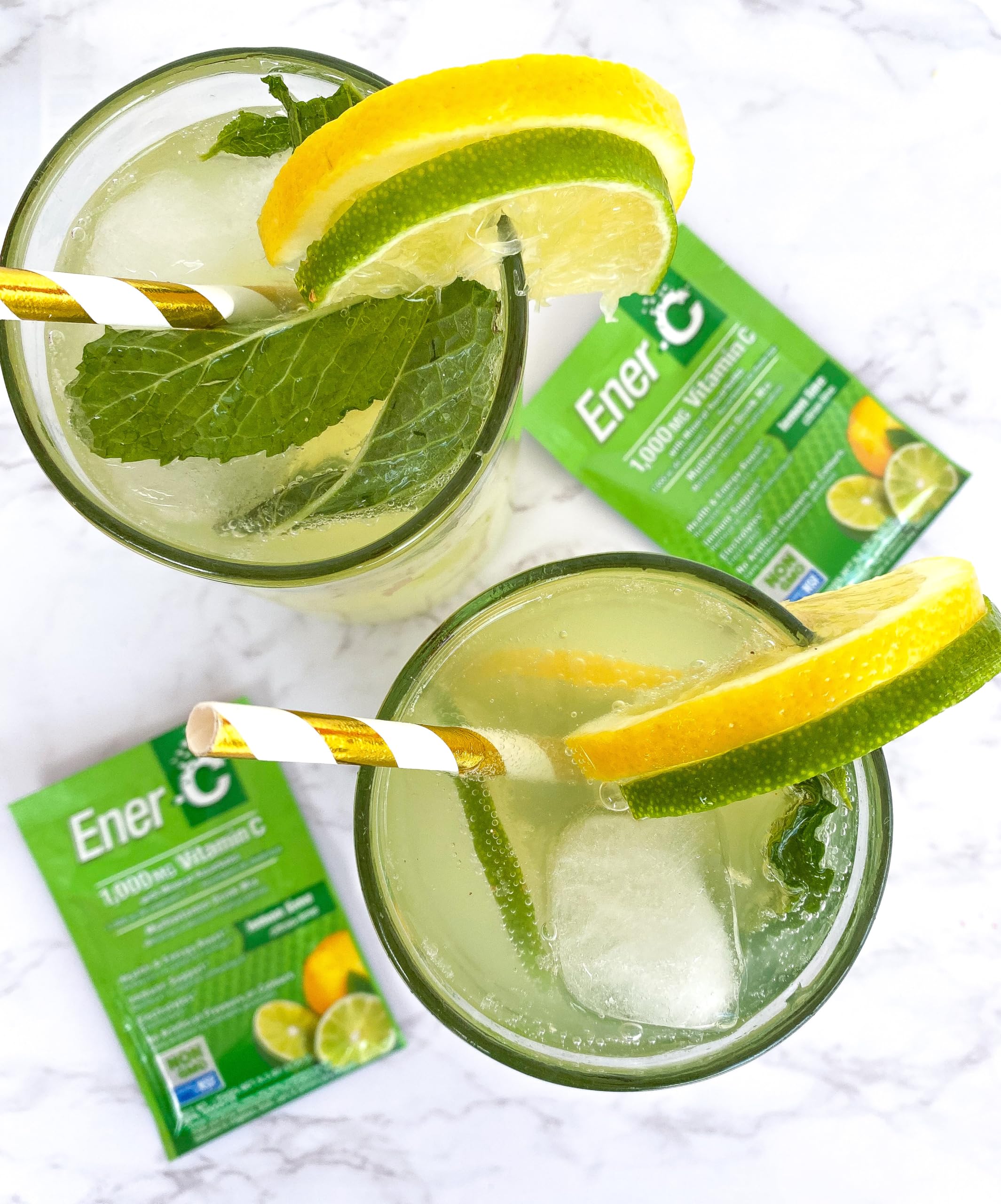 Dissolved Ener-C drink mix in a glass showcasing lemon lime flavor