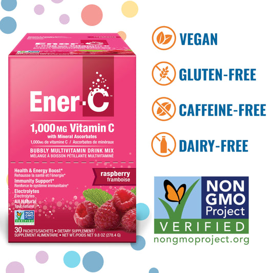 Close-up of Ener-C Raspberry vitamin powder sachet