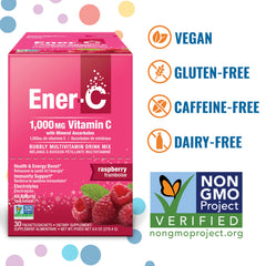 Close-up of Ener-C Raspberry vitamin powder sachet