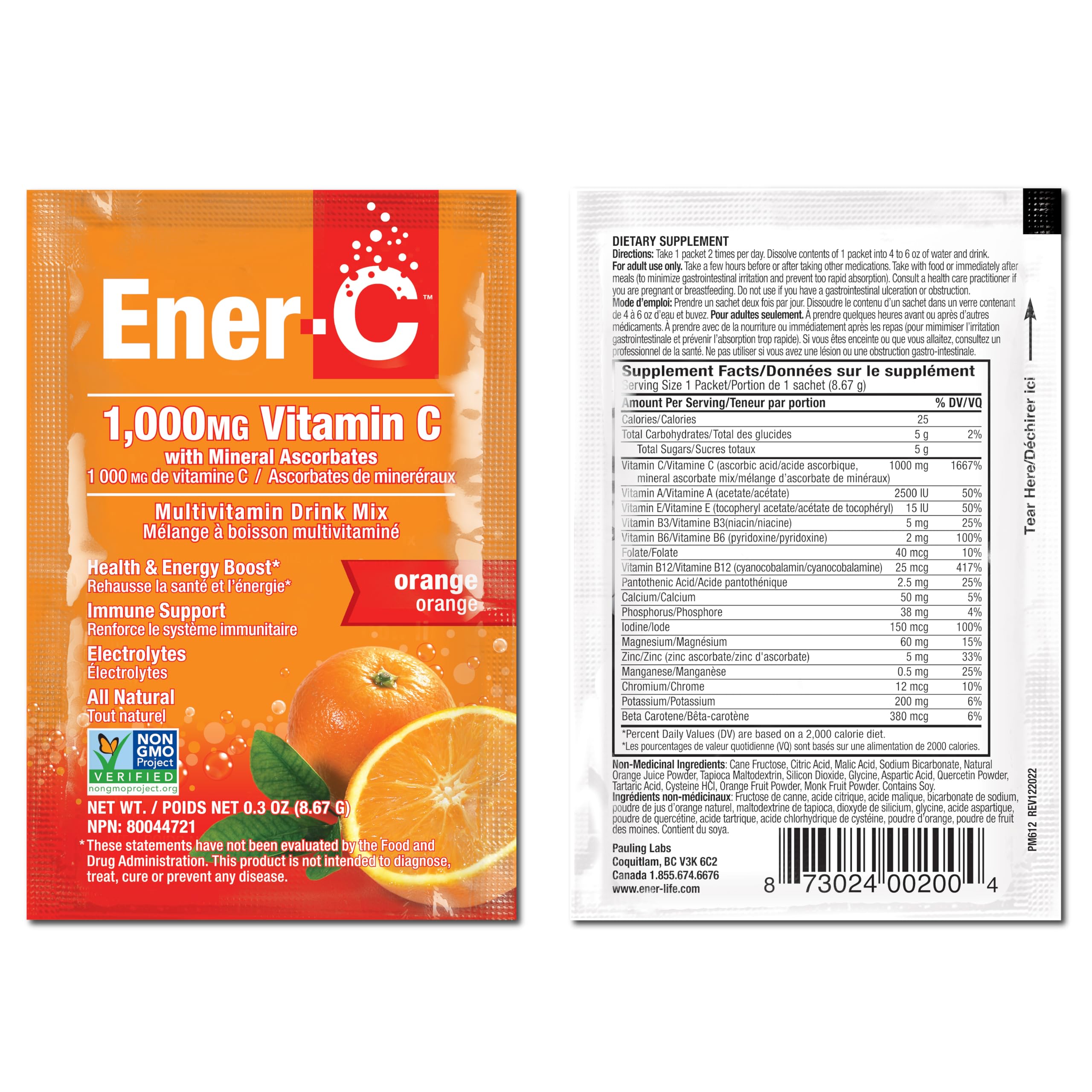 30-count Ener-C orange multivitamin drink mix packaging