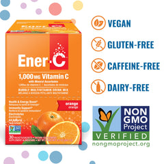Non-GMO, gluten-free, vegan Ener-C orange flavor label