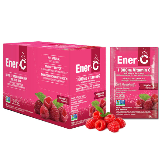 Front view of Ener-C Raspberry Multivitamin Drink Mix 30-count box