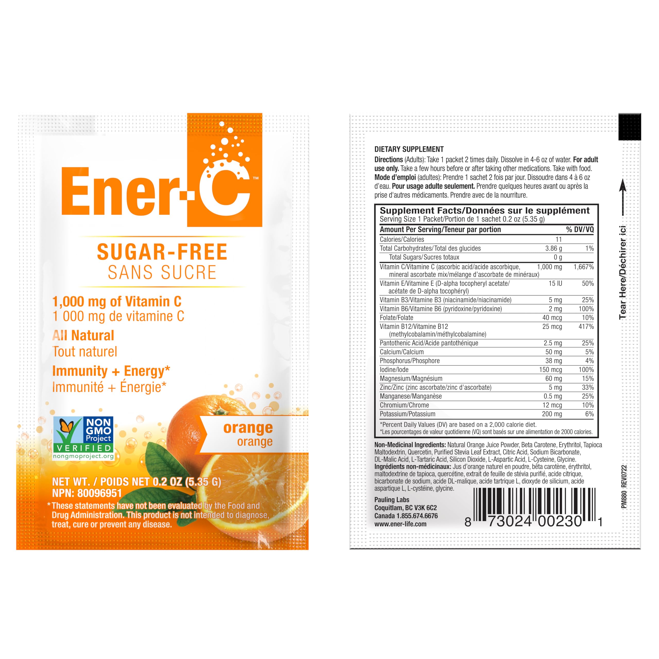 Vegan and gluten-free symbols on Ener-C Sugar-Free Orange packaging