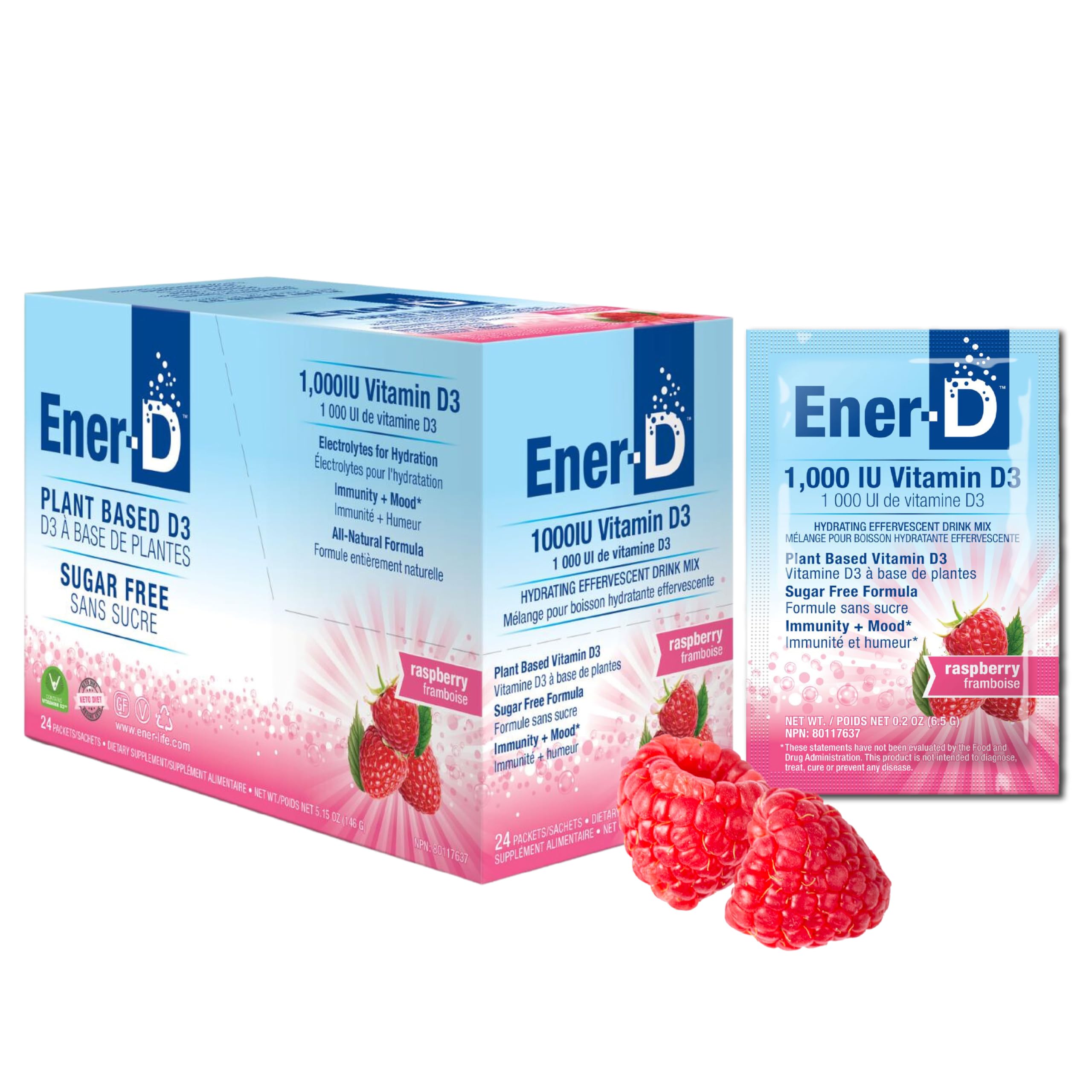 Ener-D Raspberry sugar-free multivitamin drink mix box - hero