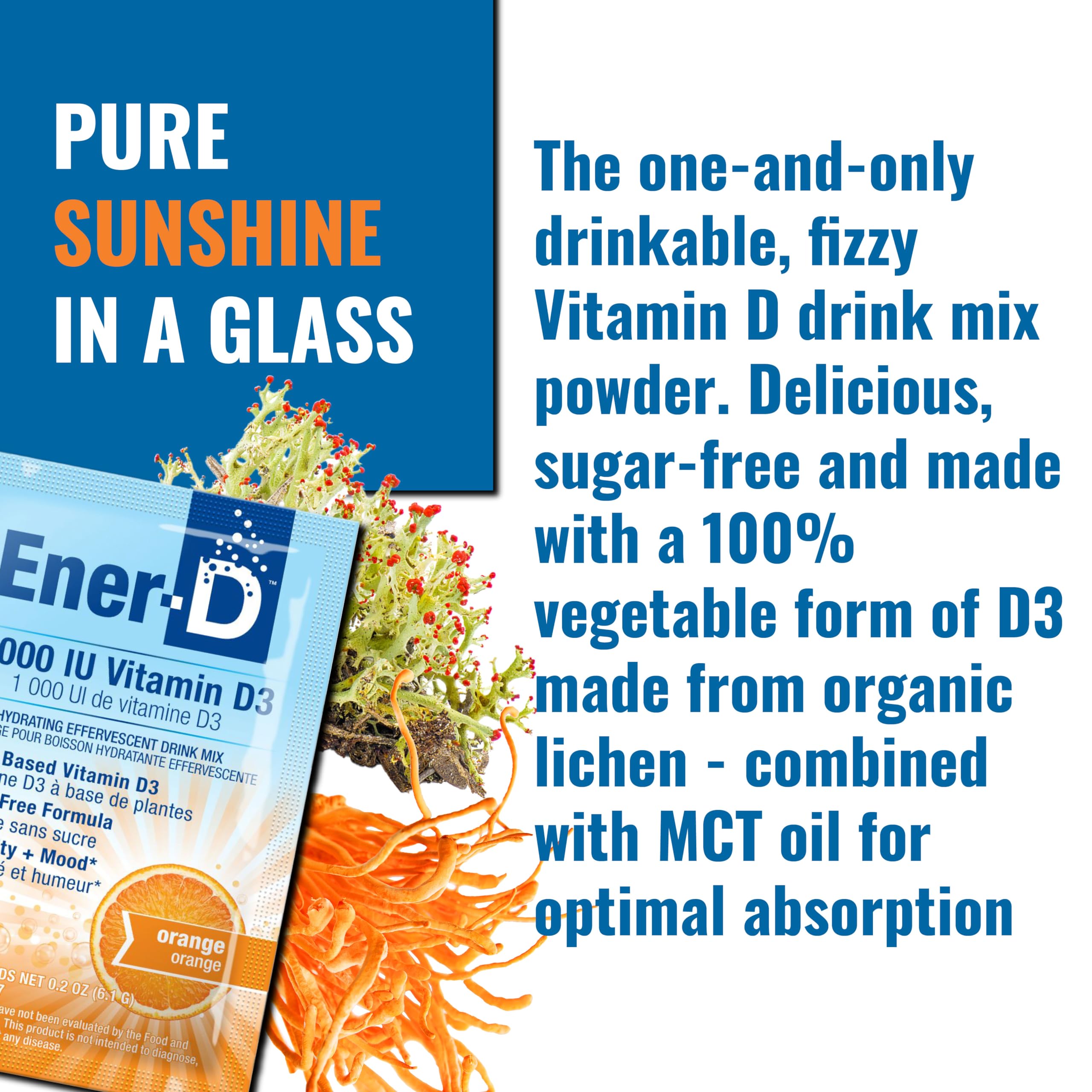 Zinc, Vitamin C, and B vitamins icons on Ener-D packaging