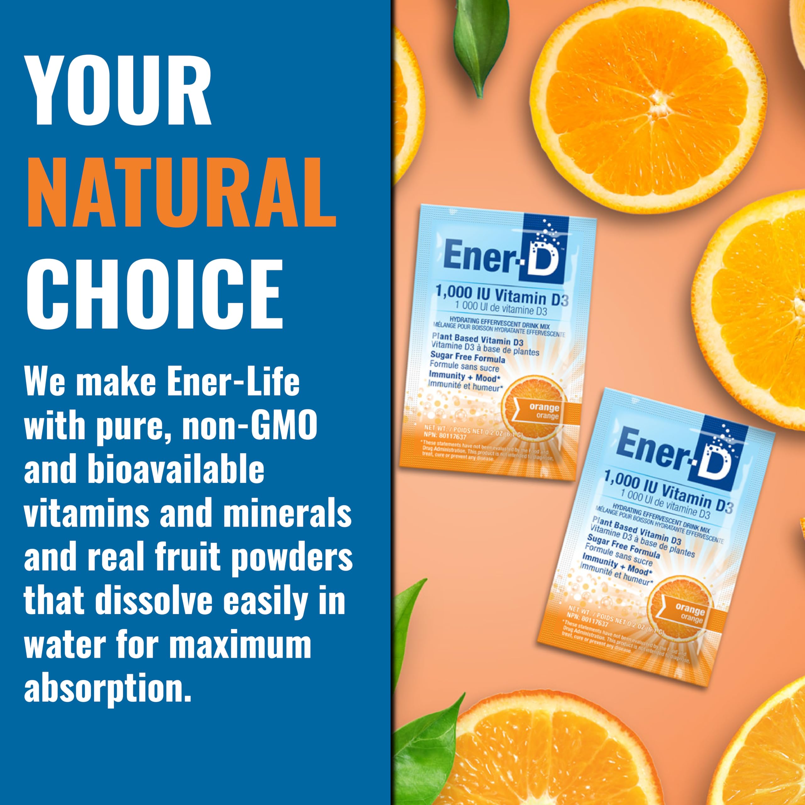 Electrolytes and real fruit juice imagery on Ener-D packaging