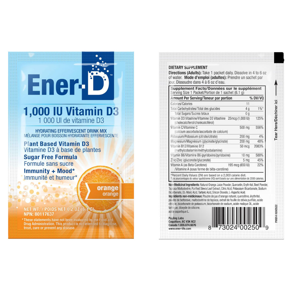 Sugar-free, vegan, and non-GMO badges on Ener-D packaging