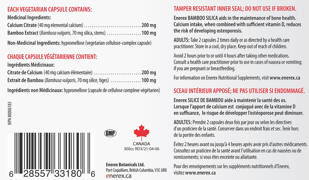 Calcium citrate ingredient label for ENEREX Bamboo Silica