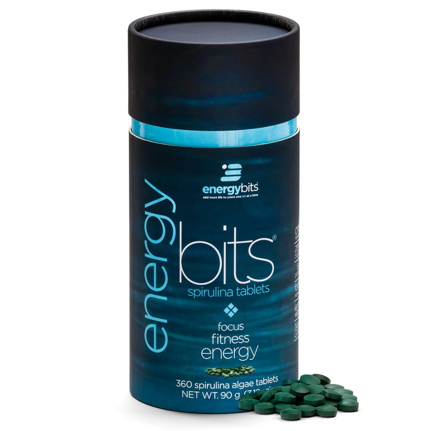 ENERGYBITS spirulina tablets in bottle front for quick, clean energy.