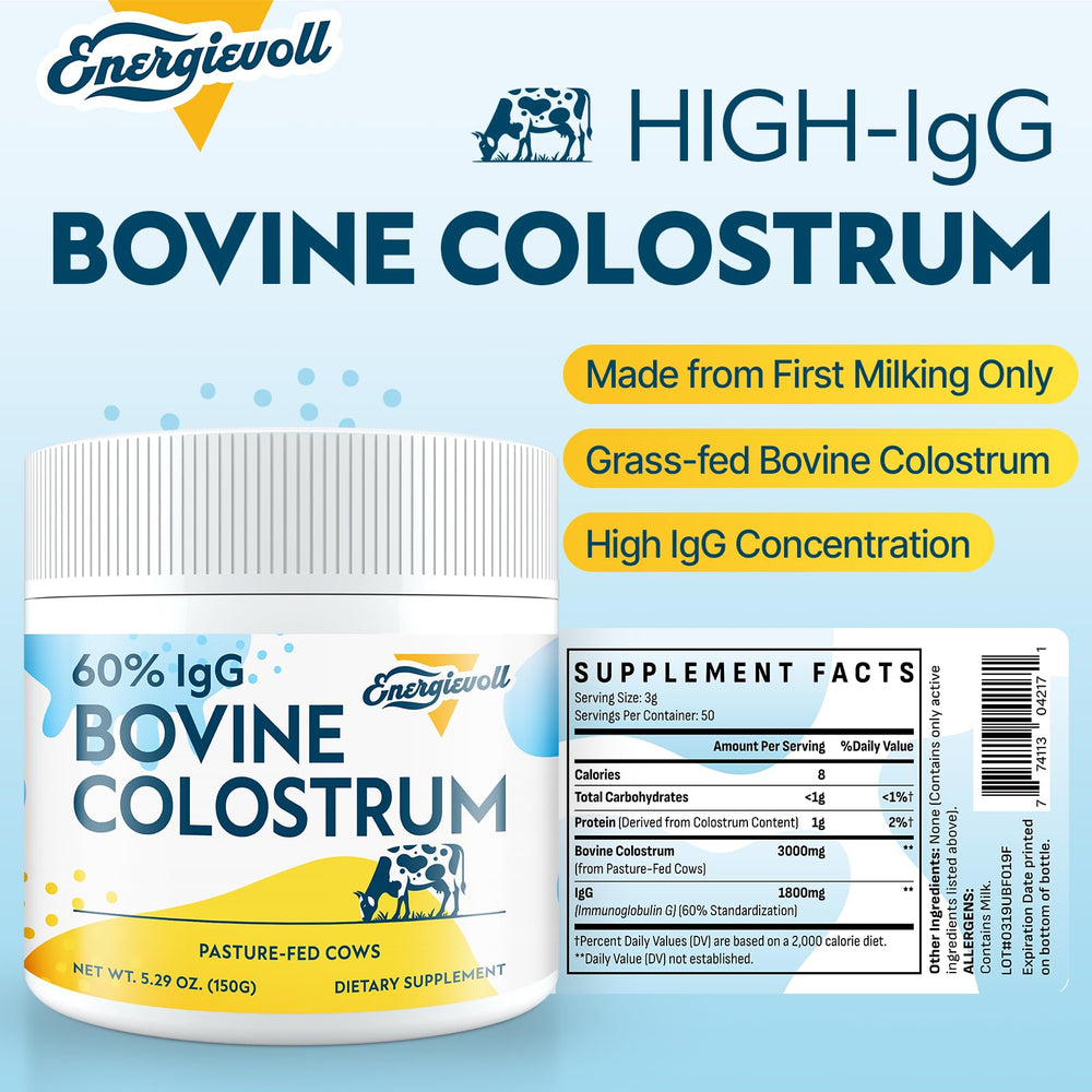 Energetic Bovine Colostrum Supplement Powder – 60% IgG, 3000 mg, 50 Se ...