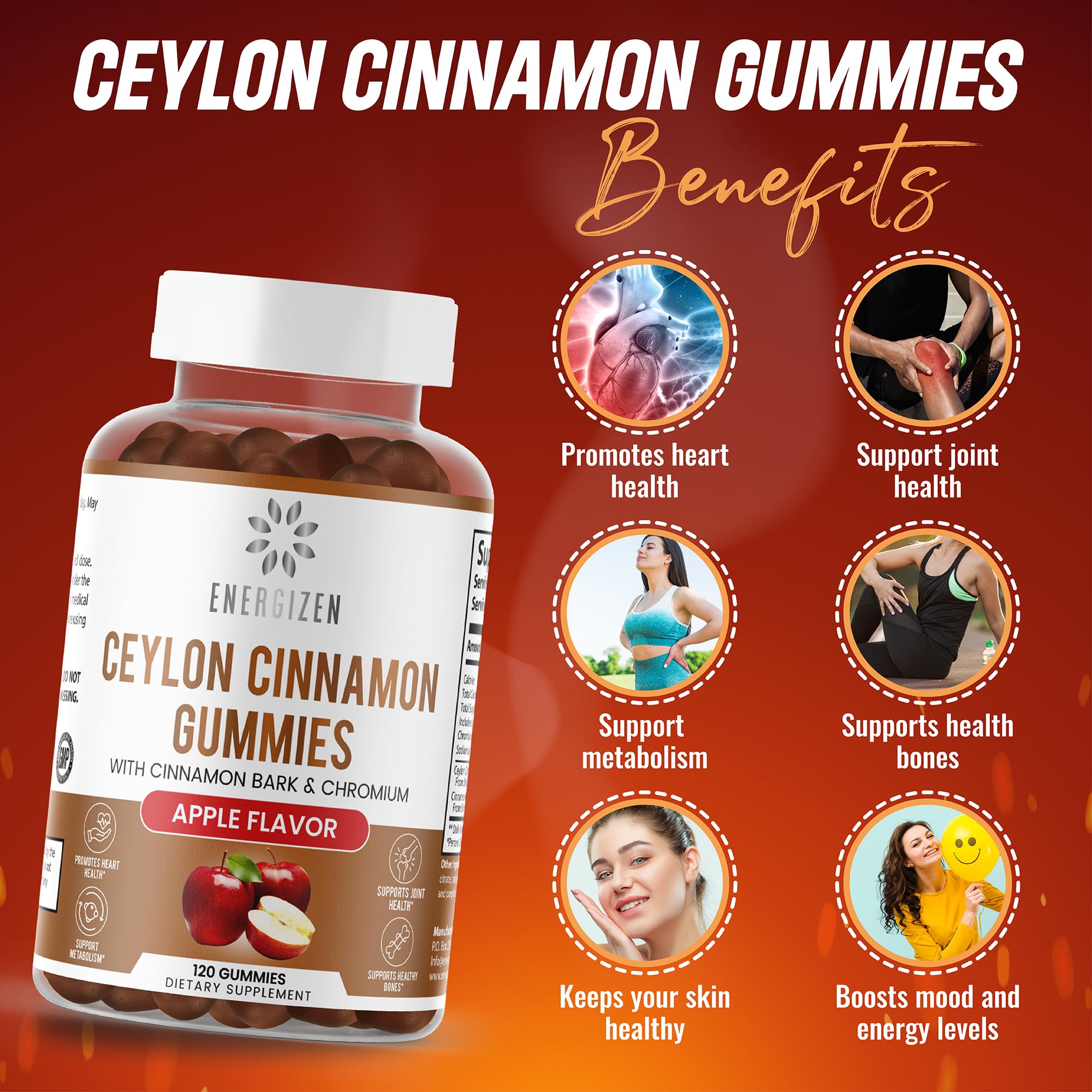 Close-up of Energizen Cinnamon + Chromium Gummies natural apple flavor