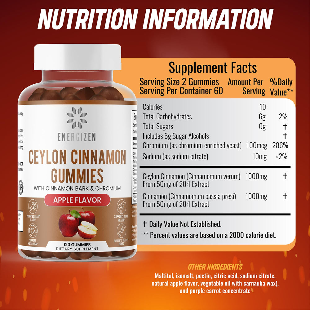 Vegan, plant-based Energizen Cinnamon + Chromium Gummies packaging
